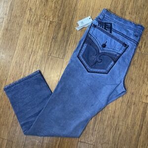 ROCK REVIVAL SYCAMORE Jeans Mens 42x33 Blue Embroidered Biker Moto‎ Denim NWT